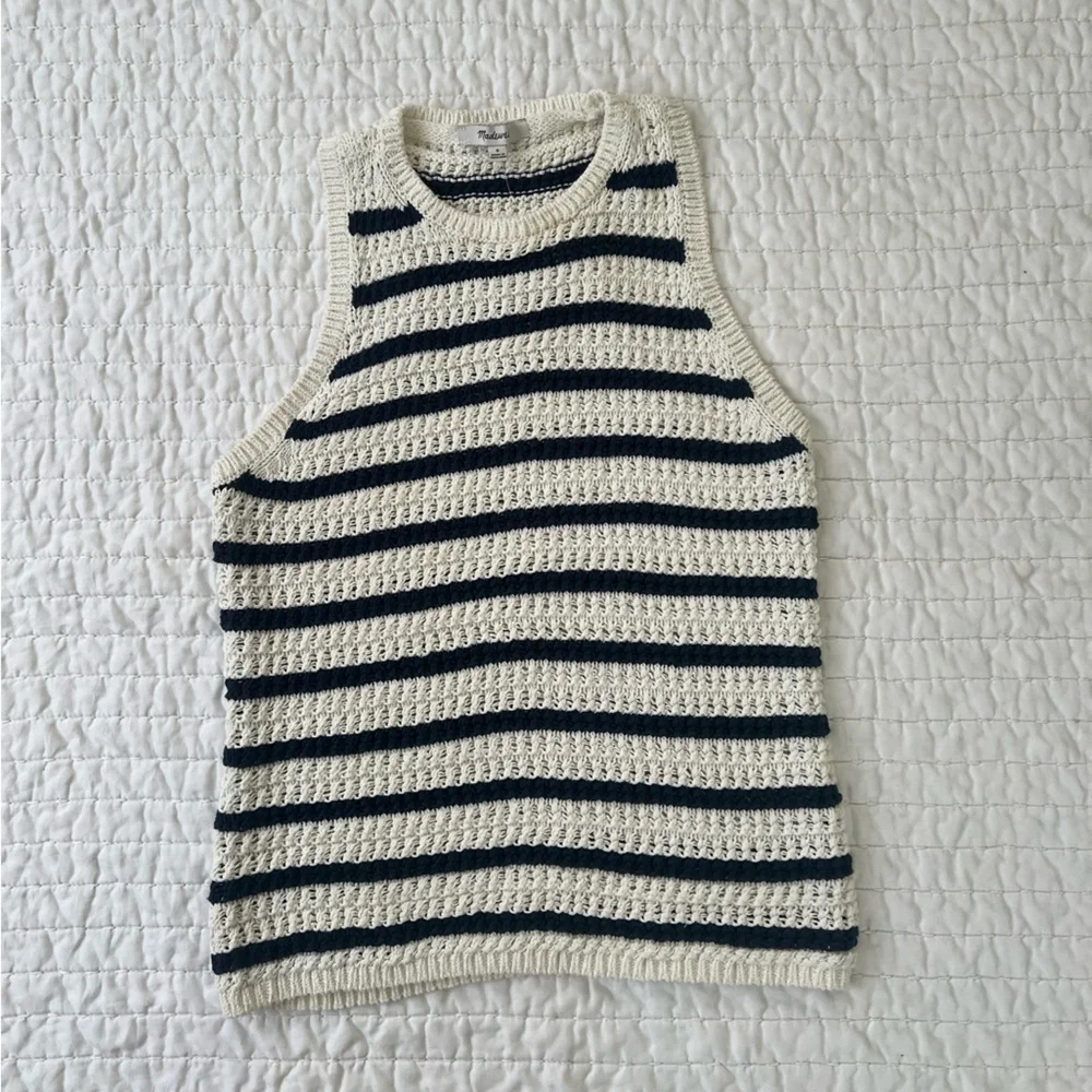 Madewell Cream and Navy Blue Striped Crocheted Top - Picture 1 of 5